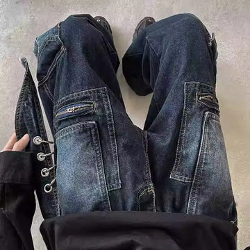 Riolio American Street Spring and Autumn Men and Women Trendy Retro Straight Tube Multi Pocket Jeans Couple Loose Casual Pants y2k